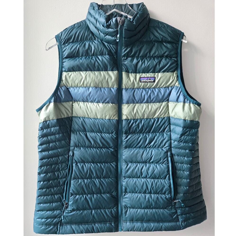 Patagonia Womens XL Down Puffer $179 Dark Borealis Green Striped Vest Retro